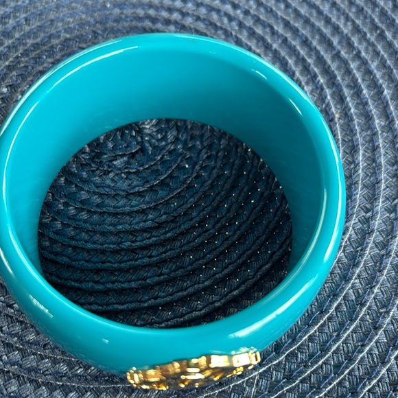 Rare Luxe Authentic ROBERTO CAVALLI Teal Blue Gold Logo Wide Bangle Bracelet - Picture 5 of 6